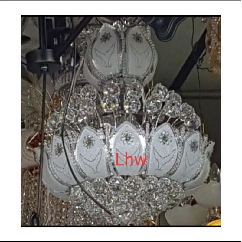 lampu hias gantung kristal teratai silver dekorasi ruang makan ruang keluarga ruang tamu