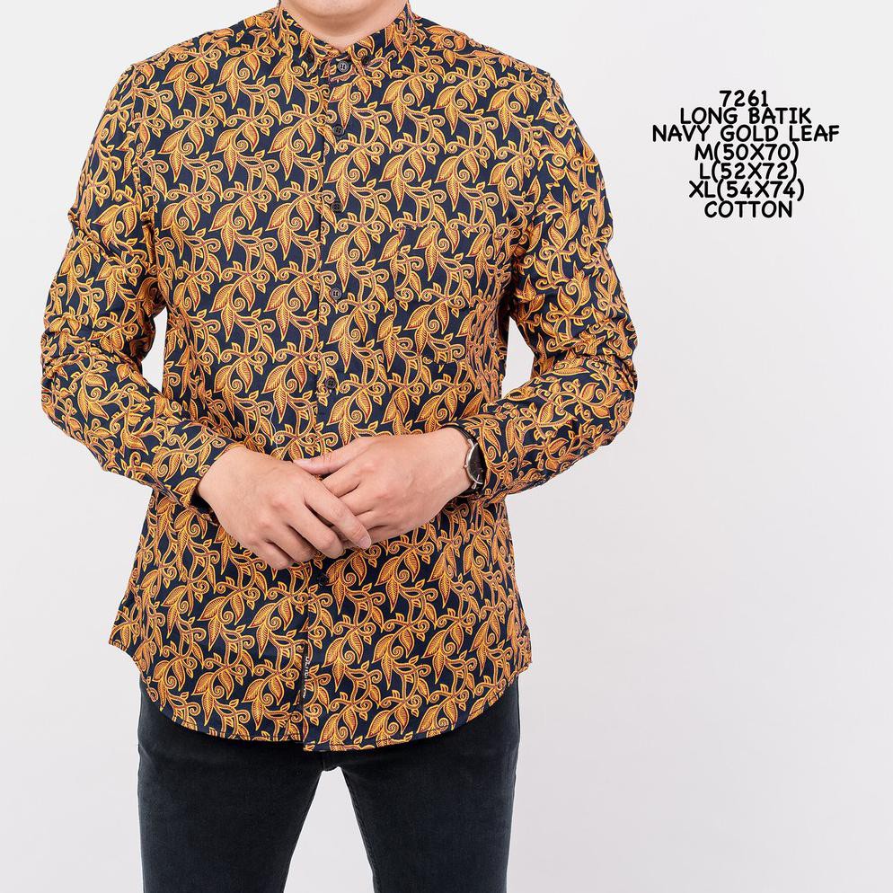 Credomenstore Kemeja Batik Pria Lengan Panjang Navy Floral Gold Lte