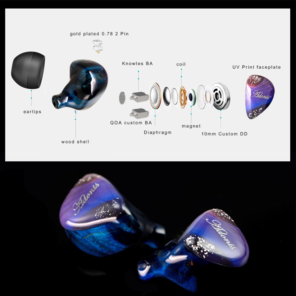 Qoa Adonis CNC Earphone In Ear Bahan Resin + Kayu 10mm DD + 2BA Hybrid Driver Unit HIFI Dengan Kabel 2pin