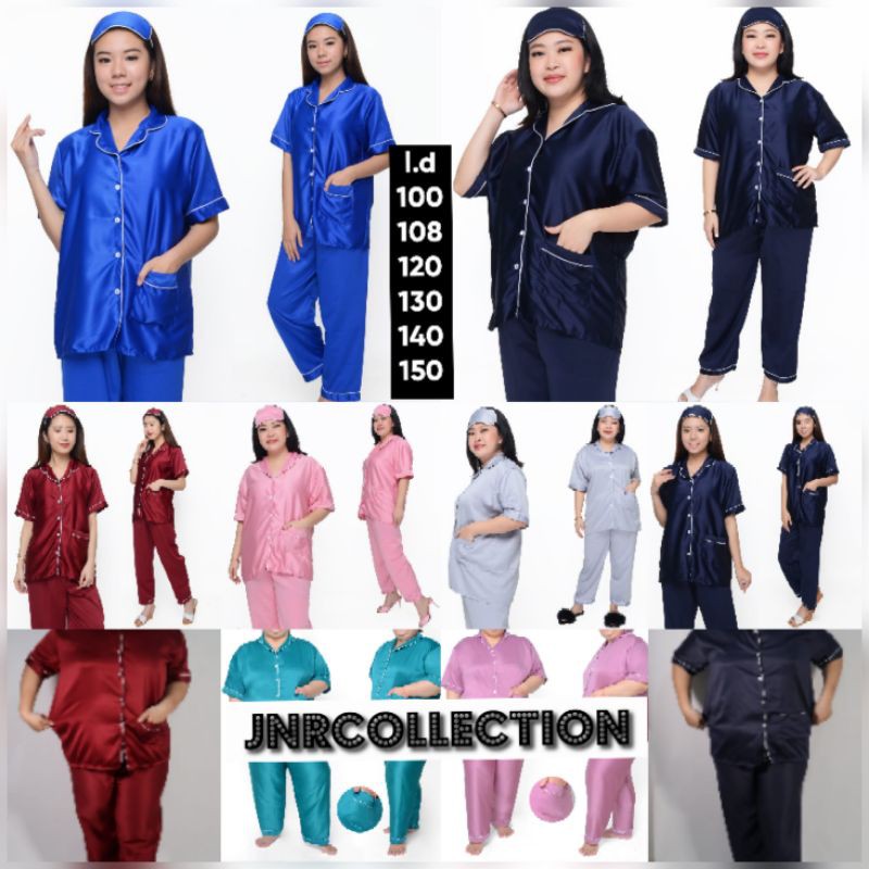 Baju tidur satin polos wanita dewasa setelan celana panjang lengan pendek / Pakaian piyama perempuan