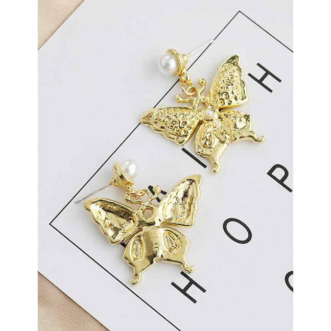 LRC Anting Tusuk Fashion Golden Copper Pearl Butterfly Stud Earrings K42364