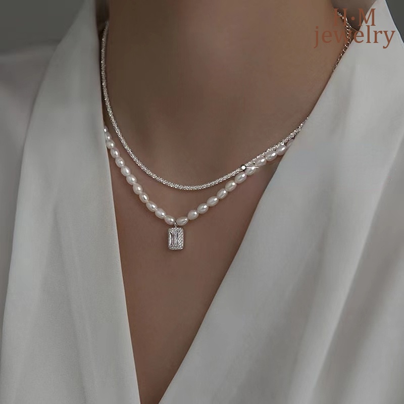 Kalung Rantai Klavikula Bahan S925 Silver Aksen Berlian Mutiara Bentuk Persegi