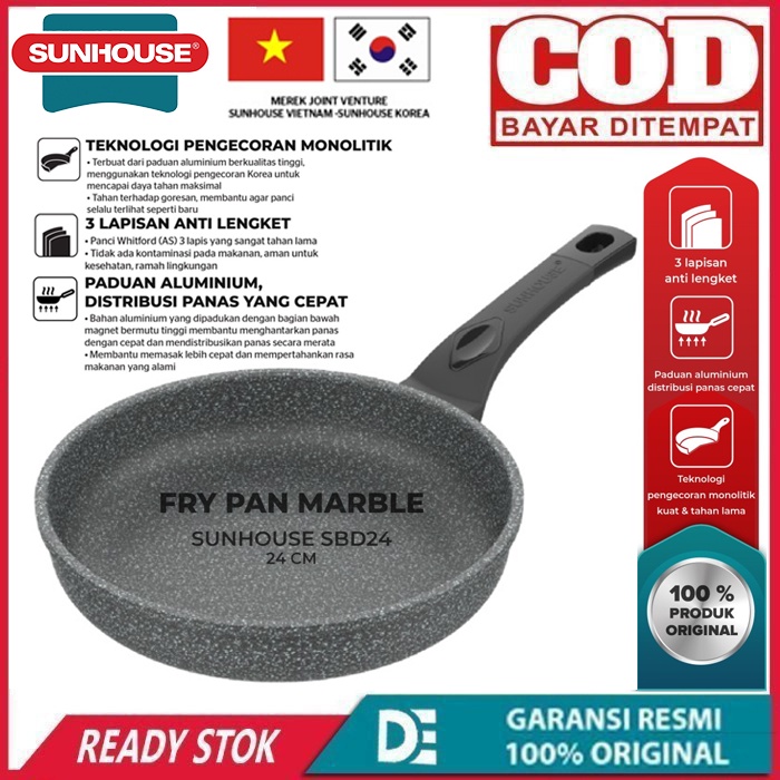 Panci Fry Pan Sunhouse SBD24 Marble 24 cm Frypan Anti Lengket Hitam