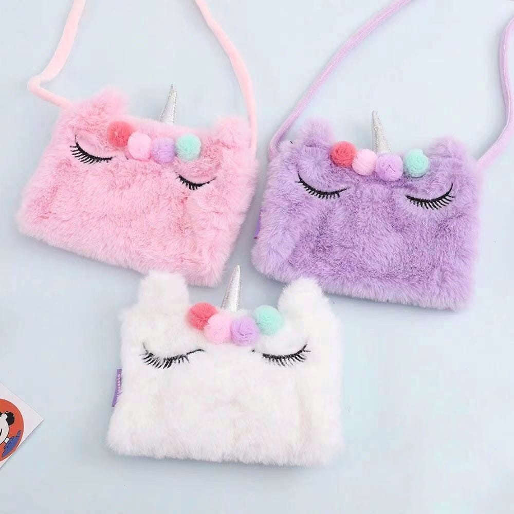 Skoola Tas Anak Perempuan PAUD Remaja Selempang Unicorn Rainbow Lucu Bulu Kids Sling Bag - Furi