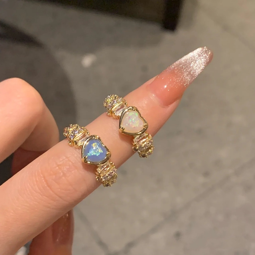 Cincin Emas Desain Hati Hias Batu Opal Biru Untuk Wanita