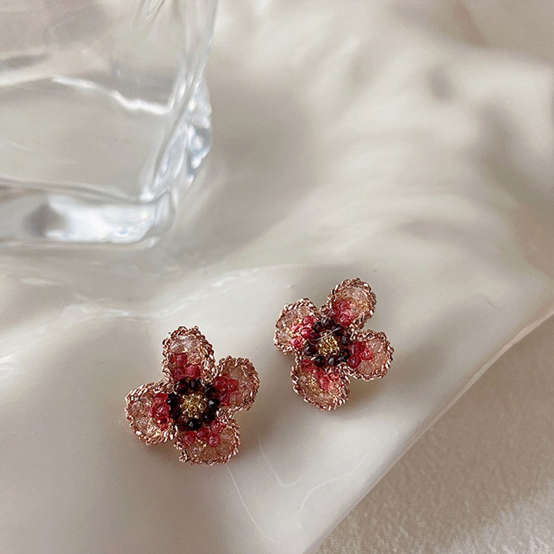 Anting 925 Silver Needle Desain Bunga Merah Gradien Gaya Retro