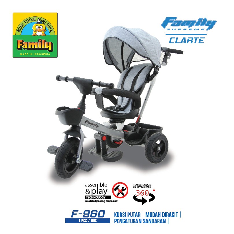  Clarte  Stroller Sepeda  Roda Tiga Family  F 960  Abu abu 