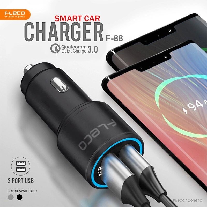 Adaptor Car Charger Mobil 36W Dual Usb Quick Charge 6A QC3.0 Original Fleco FL88