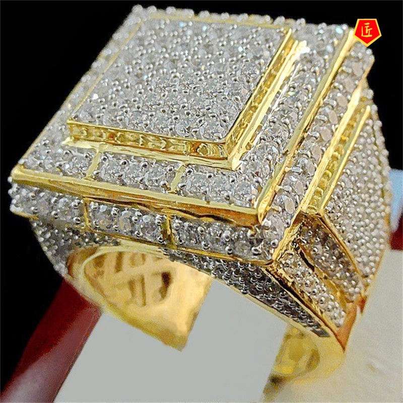 [Ready Stock]Fully-Inlaid Full Diamond Gold Ring Power Style Personalized Temperament