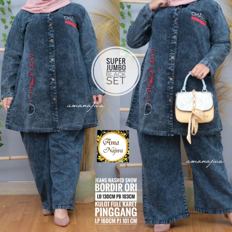 SUPER JUMBO SET | Jeans Wash Snow | Ld 130 Pb 103 | Lp 160 Pj 101 | Kulot Full Karet Pinggang