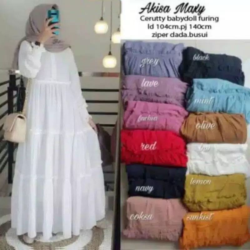 Baju Gamis Akisa Maxy Dress Bahan Ceruty Baby Doll Full + Lapis Dalam Puring Hyget Super