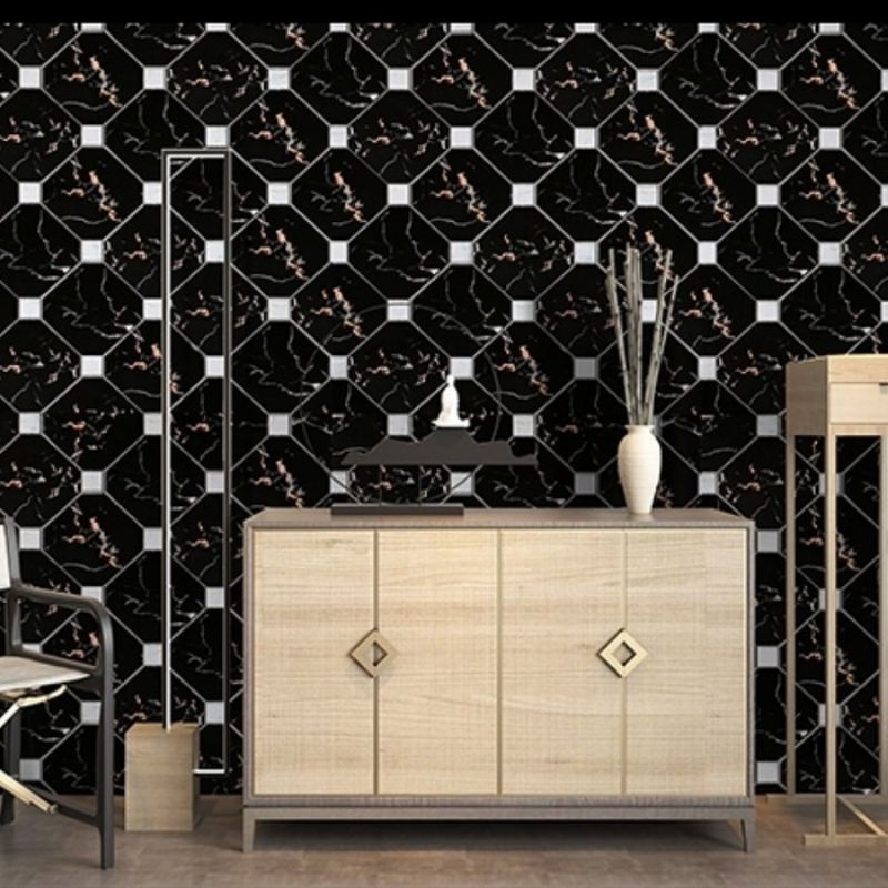 Wallpaper Sticker Dinding  Motif Marmer Hitam Kotak Putih