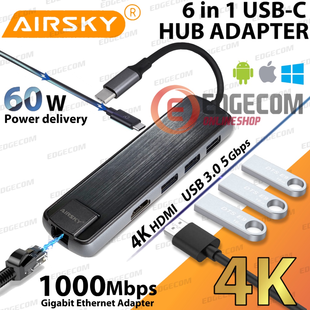 USB 3.1 TYPE C 6 in 1 HDMI 4K HUB USB 3.0 GIGABIT LAN USB C Power Delivery