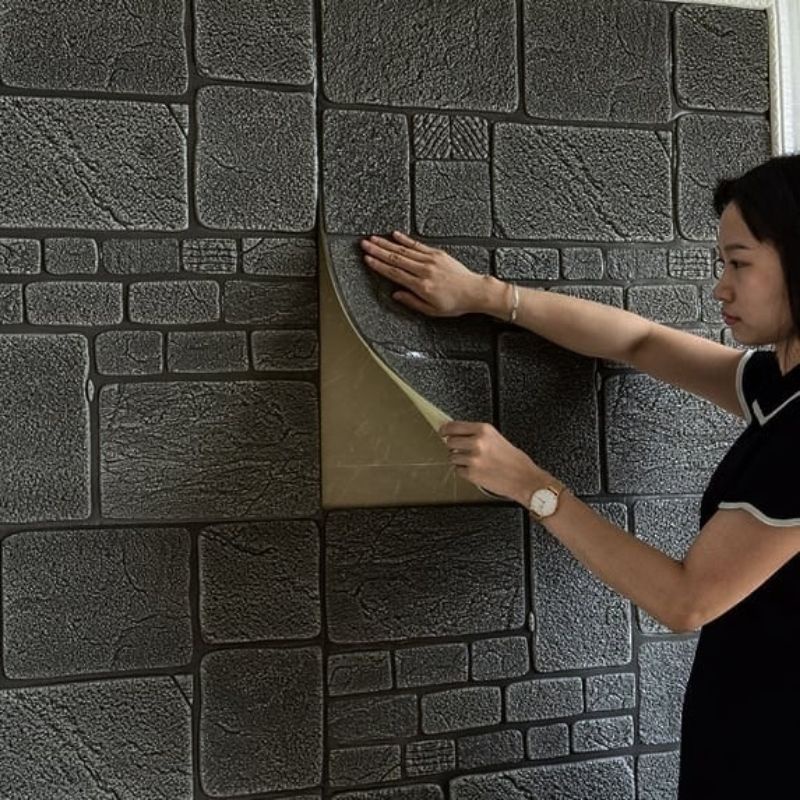 wallpaper foam 3D permukaan timbul motif batu alam hitam klasik