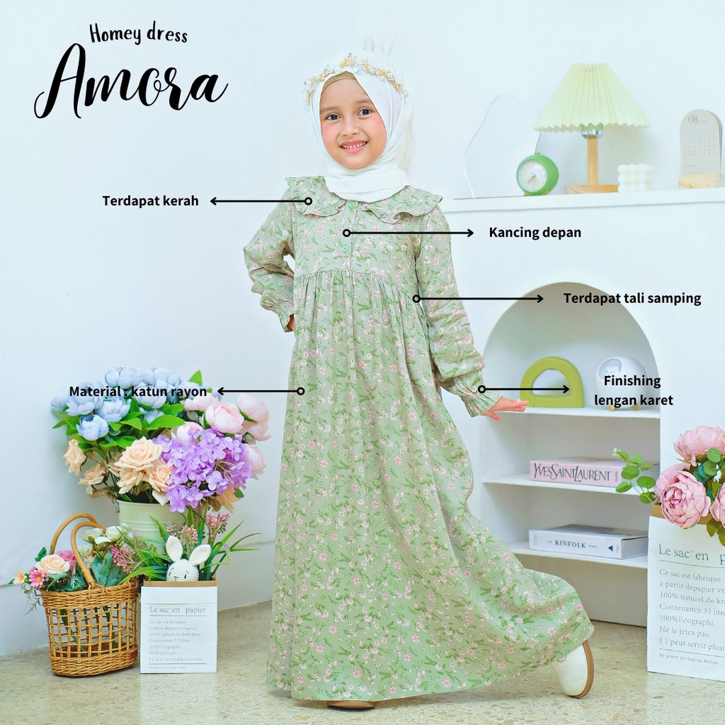 Termurah - Homey Dress Anak Motif Bunga Gamis Anak Amora Dress Muslimah Anak Usia 4-12tahun Bahan Katun Rayon Premium Nyaman Dipakai | Bisa Cod