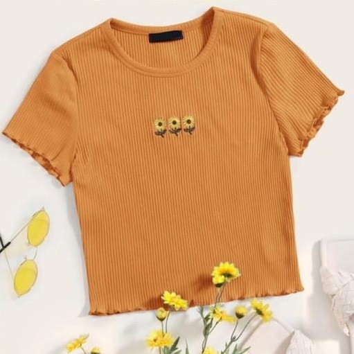 Atasan Wanita Tripe Sun Flower Kriwil Top Rib / Baju Wanita T-shirt Crop Top