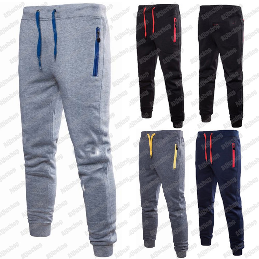 Atjin-Celana Joger Training Olahraga Trackpants Pria Bahan Baby Terry Lembut Model Risleting Warna