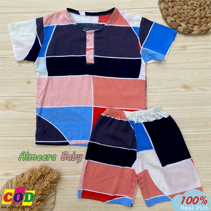 One Set Setelan Anak Rayon Unisex Lengan Pendek usia 3-12 Bulan Almeera Baby and Kids