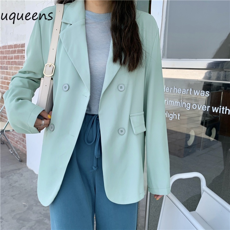 Blazer Warna Solid Longgar Kasual Lengan Panjang berkualitas baik