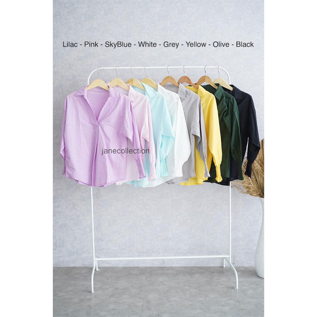 JANE COLLECTION || Kemeja Putih Wanita Kemeja Kerja Lengan Panjang Kerut Jumbo Pink Ukuran M L XL XXL Cocok Sebagai Inner Dalaman Kemeja Oversized Jinny Hitam