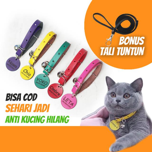 LOOD KALUNG KUCING KULIT LIONTIN KEPALA KUCING / GRATIS UKIR NAMA