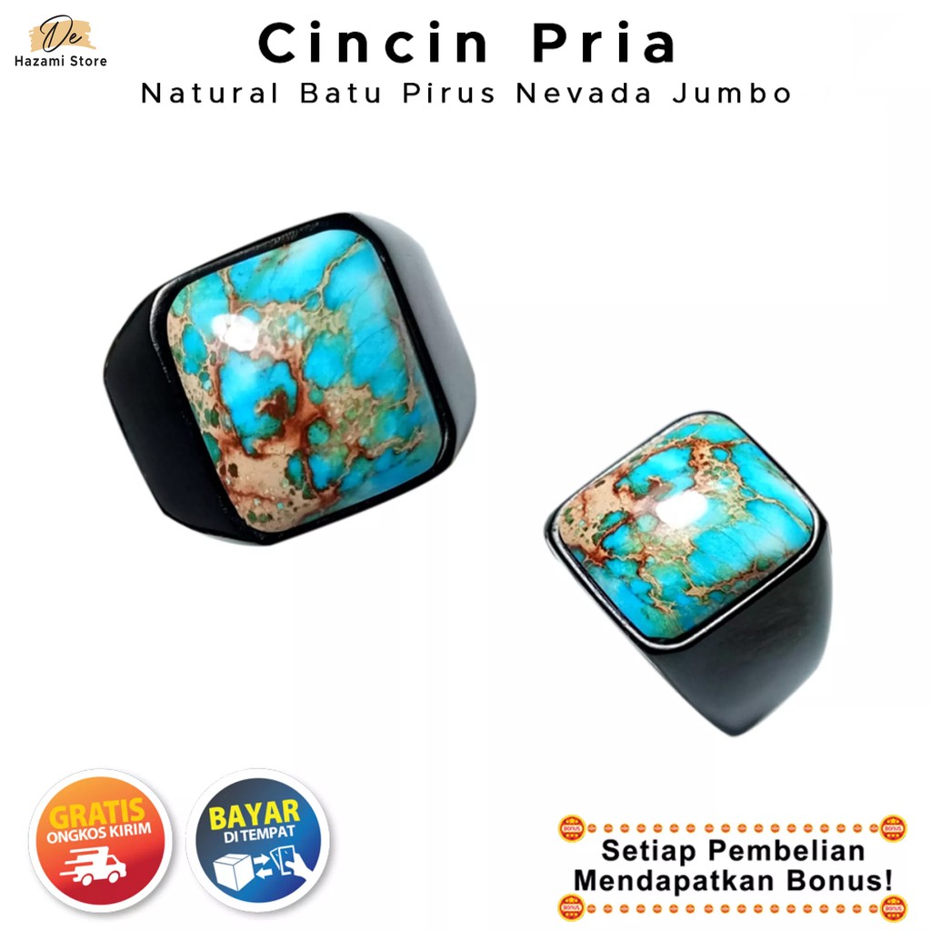 BISA COD Cincin Pria Batu Akik Pirus Nevada Titanium Mewah Keren Anti Karat Hitam Elegan Terbaru