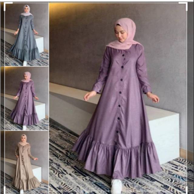 MRA - Peoni Dress Fashion Muslim Gamis Dress Moscrepe Rempel Serut Pakaian Wanita Murah