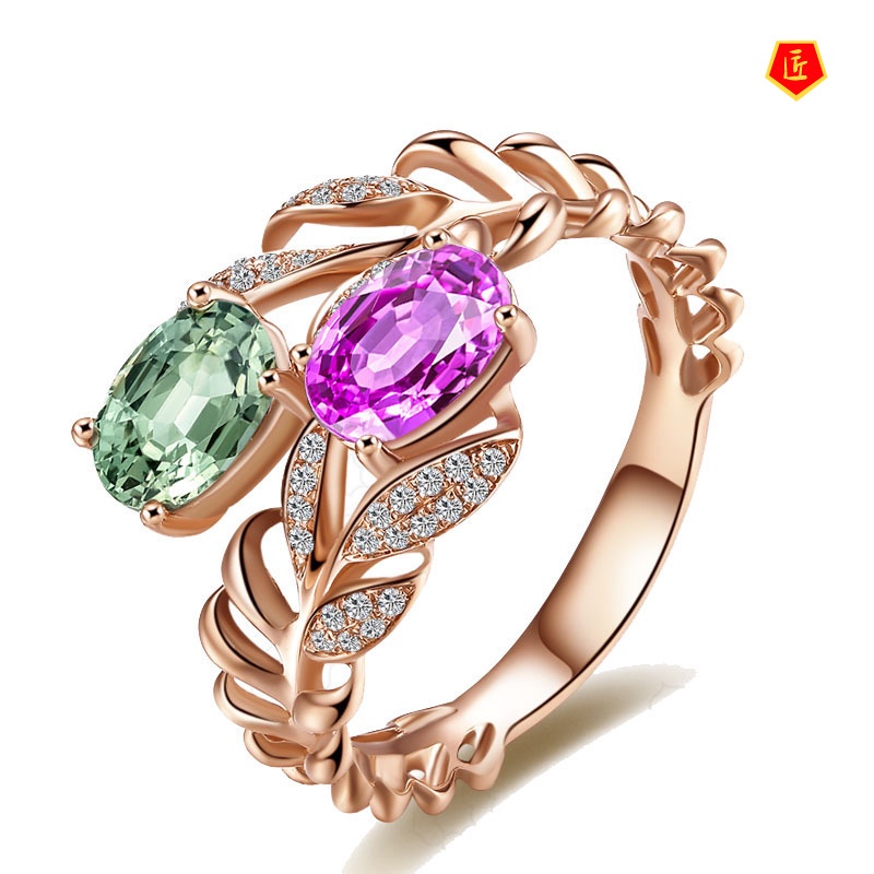 [Ready Stock]Fashion Elegant Rose Gold Grass Shaped Colored Gems Ring