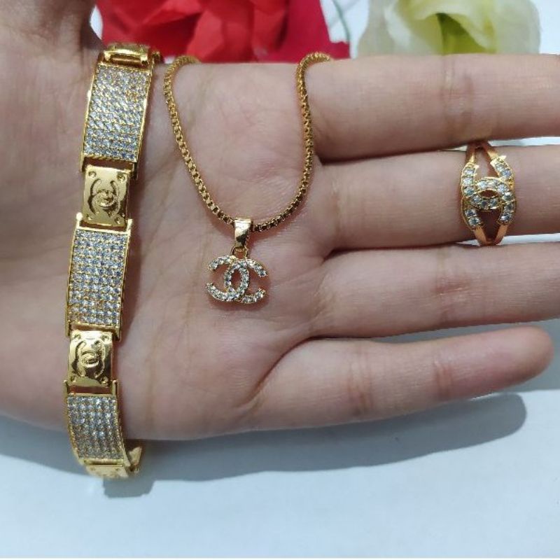 1Set Perhiasan Gelang Emas + Kalung + Cincin ( 3in1) Perhiasan Import Anti Karat Xuping Untuk Dewasa