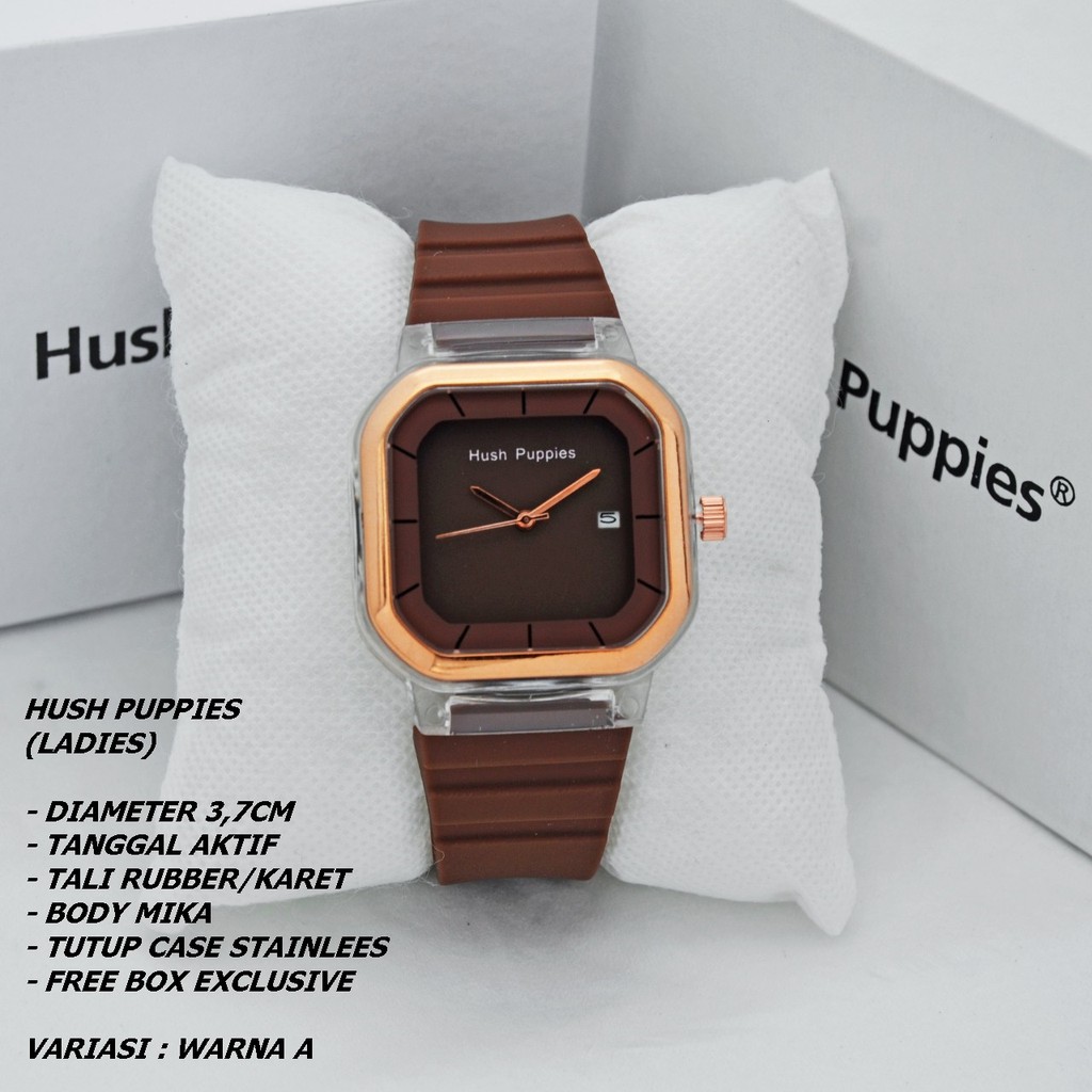 JAM TANGAN WANITA HUSH PUPPIES TALI RUBBER BODY SEGI TANGGAL AKTIF