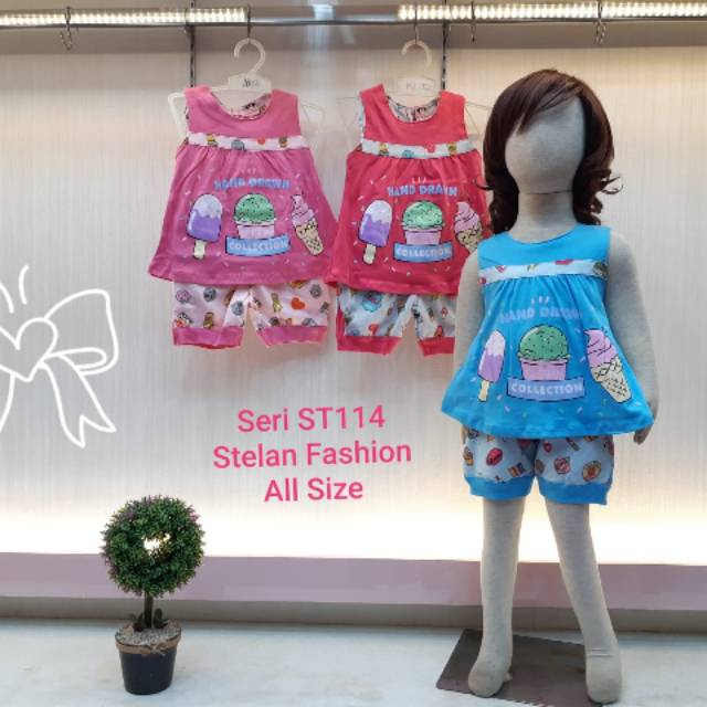 SETELAN FASHION ANAK PEREMPUAN LEKBONG 1-2 TAHUN MOTIF ICE CREAM WARNA PINK FANTA BIRU