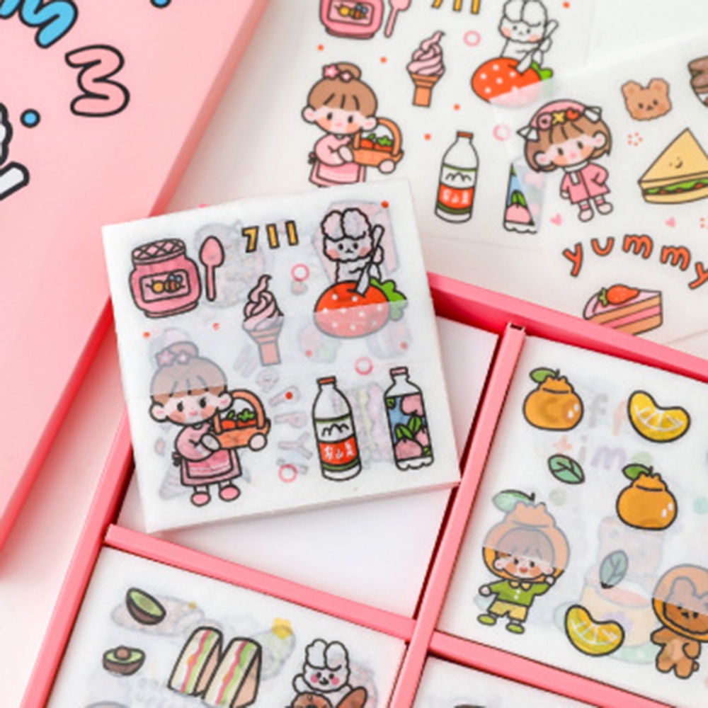 QUINTON Gift Box Kawaii Sticker Set Cartoon Stationery Decorative Sticker Packing Decoration DIY Scrapbooking Waterproof 100 pcs/box Drink Food Animals Girls Pattern Diary Photos Albums Adhesive Decals