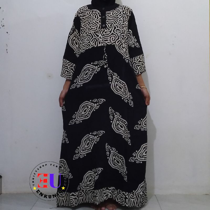 Sekdress Hitam Putih Monokrom Batik Cap Dress Panjang Muslim Wanita Longdress MM01