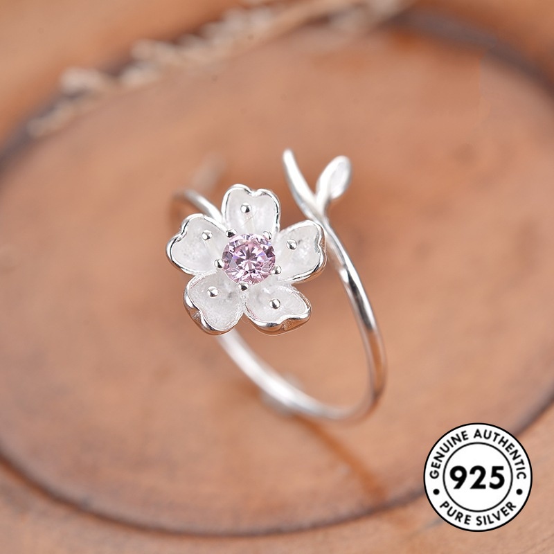 Cincin Desain Bunga Sakura Aksen Berlian Bahan S925 Silver Gaya Minimalis