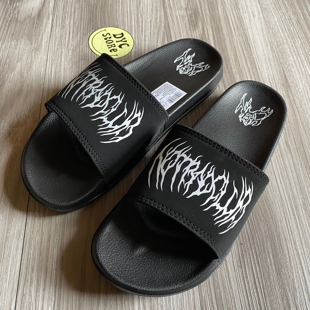 SANDAL SLIDE SLOP SLIPPER UNISEX ORIGINAL NOTBADCLUB spesial SERIES OF SPICTURAM DARK art BLACK WHITE| SENDAL HITAM PRIA WANITA