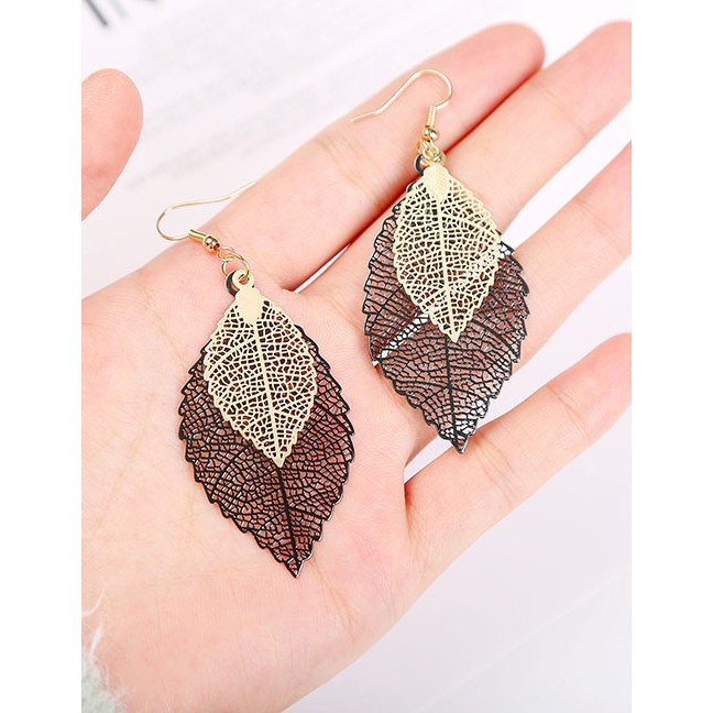 LRC Anting Gantung Fashion Double-layer Hollow Leaf Alloy Earrings D96529