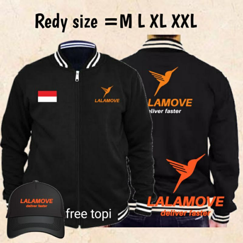 JAKET HOODIE SWEATER VARSITY ZIPPER LALAMOVE DRIVER FREE TOPI - JAKET DRIVER LALAMOVE GRATIS TOPI