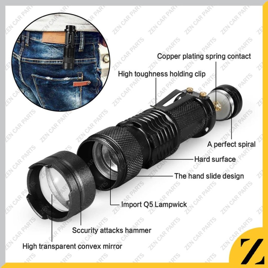 【COD】 Senter Pocketman Zoom Swat Mini 2000 Lumens LED Anti Air` Waterproof SWAT Police Flashlight AA