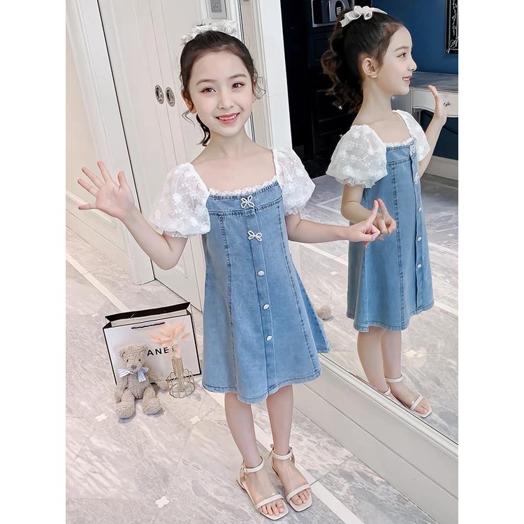 Dress Denim Anak Perempuan Import Motif Bunga Putih Mutiara