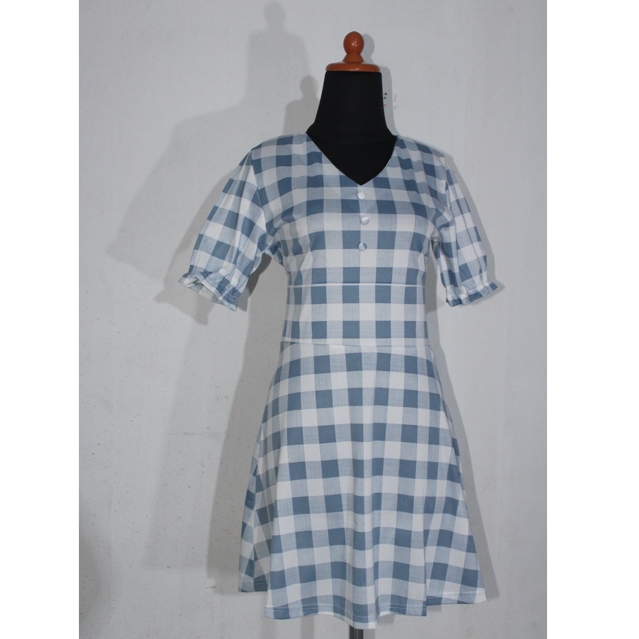 [REAL FOTO] Dress Korea Mini Motif Kotak-Kotak V-Neck A-Line