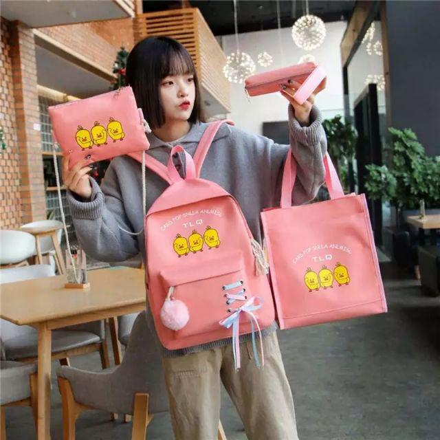 Tas Ransel Anak Sekolah Karakter Bag Backpack Lucu Motif Cartoon Bebek Cute 4in1 Set-Pink