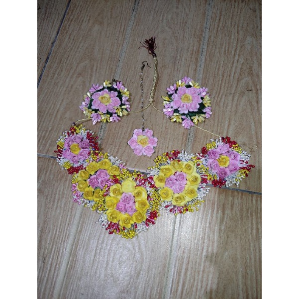 Aksesoris pengantin Bunga Radha Krishna khas delhi india Haldi set perhiasan bunga upacara kunyit pe