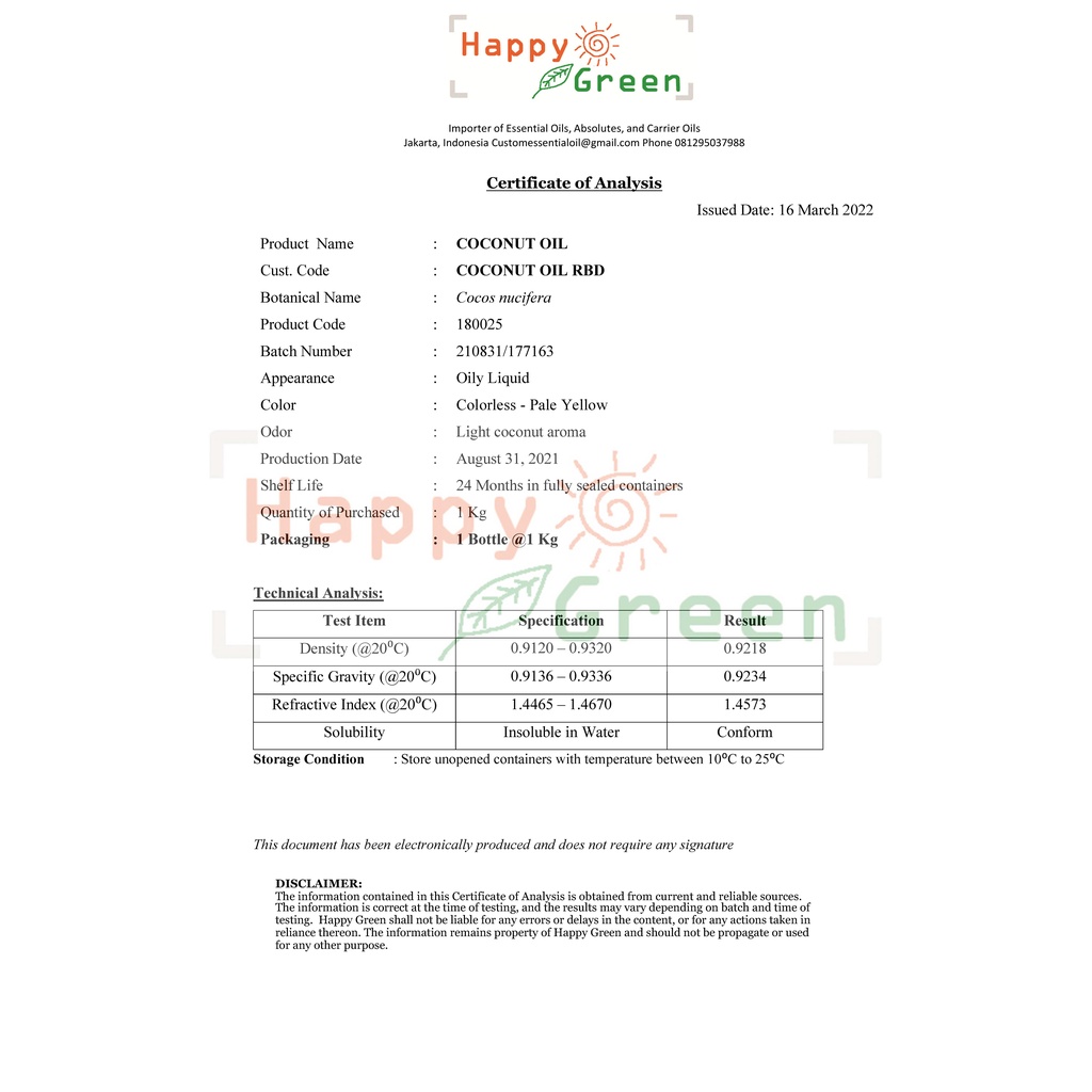 Happy Green Coconut RBD Oil - Murni Minyak Kelapa RBD Bersertifikat