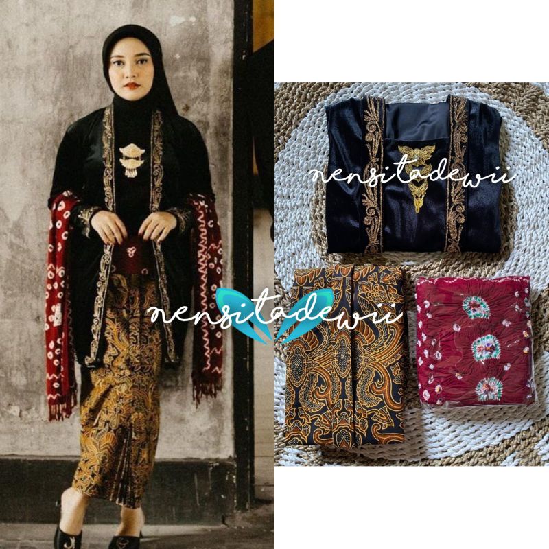 [1 SET] Kebaya, Jarik Instan + Selendang / Motif Pisang Bali #PB02