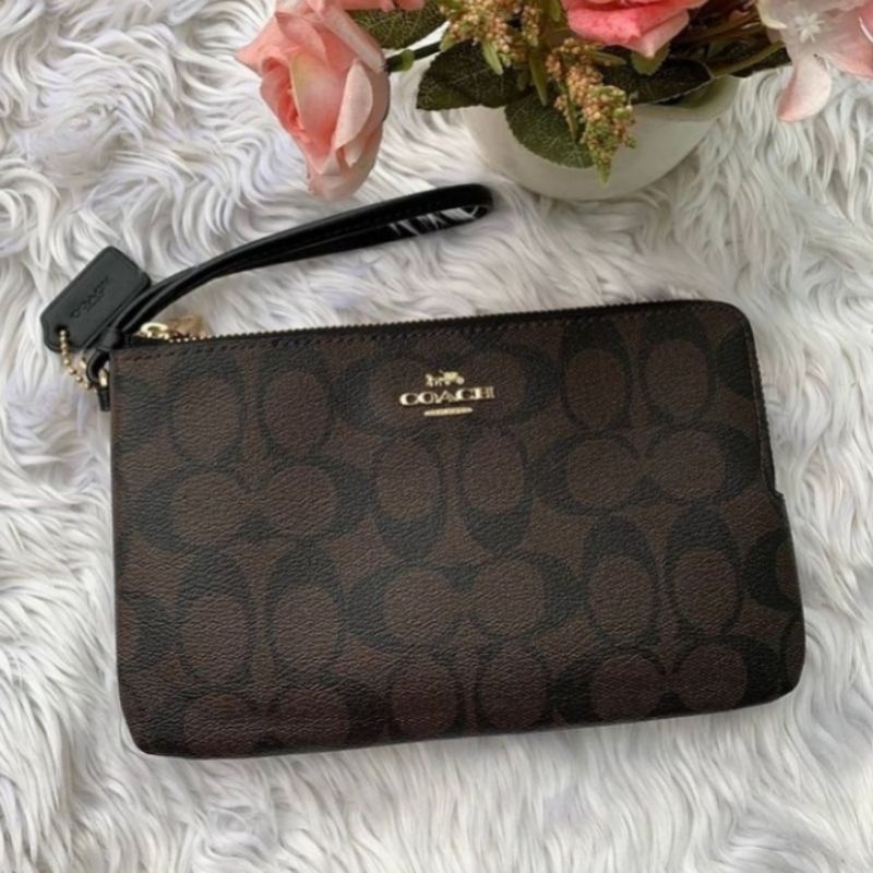 Coach Large Double Zip Wristlet  Signature Brown Black