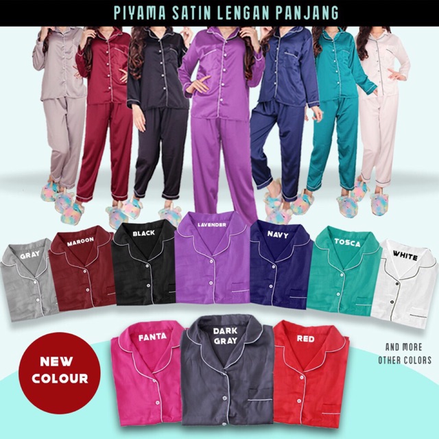 Piyama satin wanita lengan panjang celana panjang ready stock