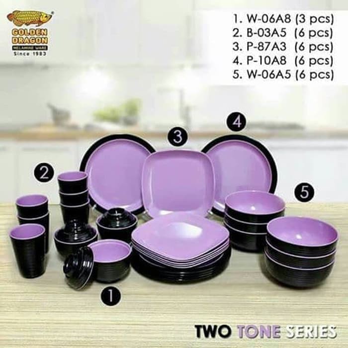 Dijual PERLENGKAPAN MAKAN GOLDEN DRAGON 1 SET MANGKOK PIRING GELAS UNGU Berkualitas