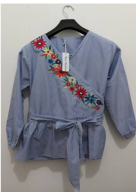 Blouse wanita Kimono bahan katun kotak / garis bordir dada ada tali pinggang Ken-326