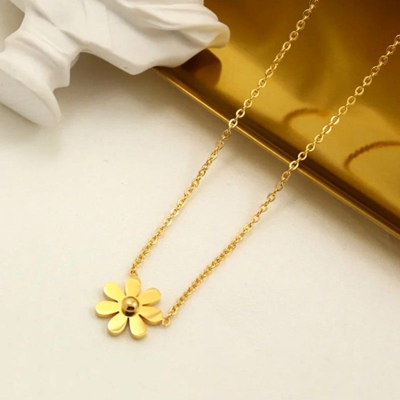 Kalung Titanium Bunga Daisy Wanita Anti Karat Korea Perhiasan Titanium Asli