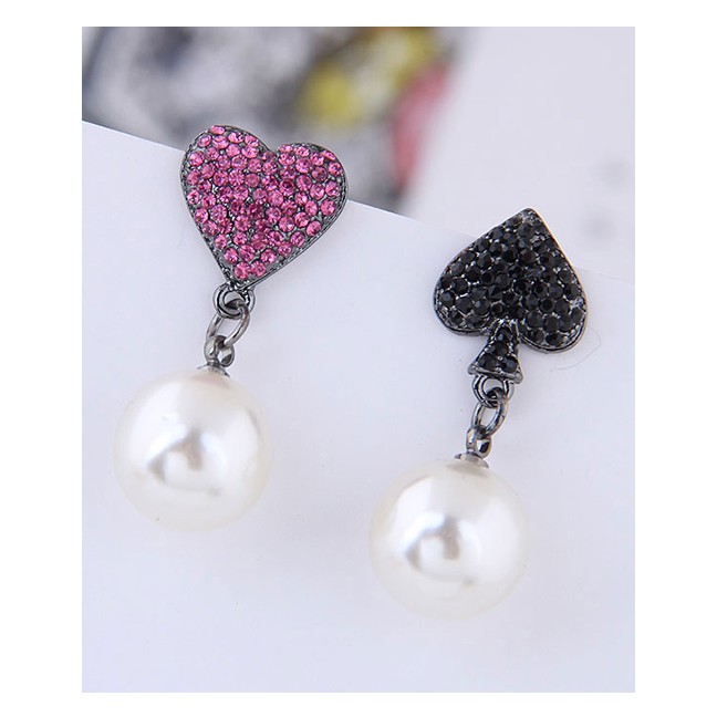 LRC Anting Tusuk Fashion Black + Rose Red 925 Silver Needle Heart Pearl Asymmetric Stud Earrings